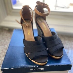 Sperry Top Sider 7 1/2 Wedge Sandal Skye Grosgrain Nautical Jute Heels Black